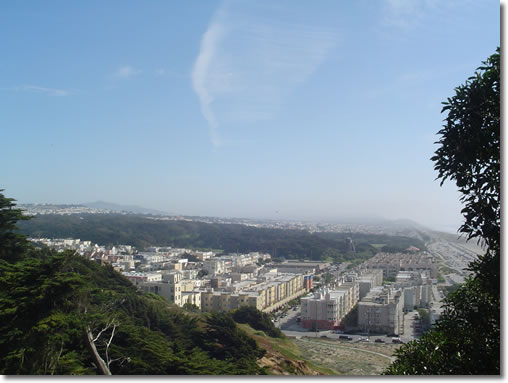 A photograph of the area set back from Ocean Beach, in which the Dutch Windmill is also pictured. Taken from Sutro Heights Park in San Francisco, California.  Image copyright © Philip W. Tyo 2007